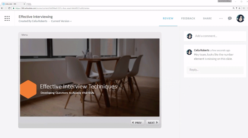 Articulate Review page with feedbacks from multiple reviewers