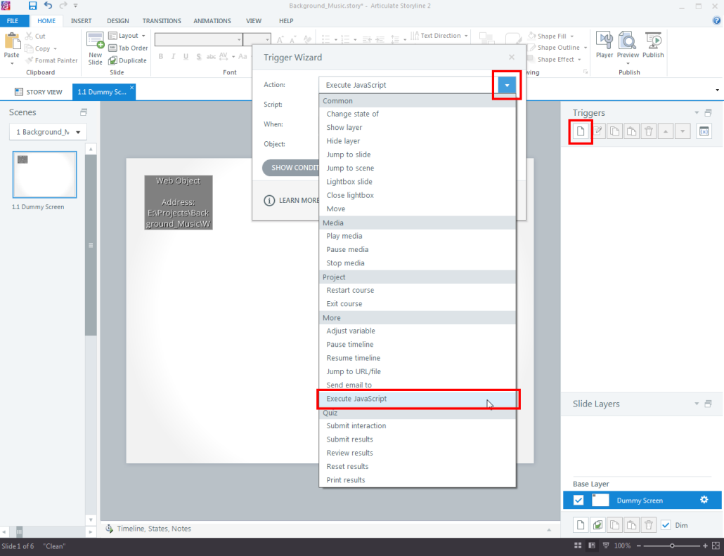 How to play background music continuously throughout the course in Articulate Storyline 2.
