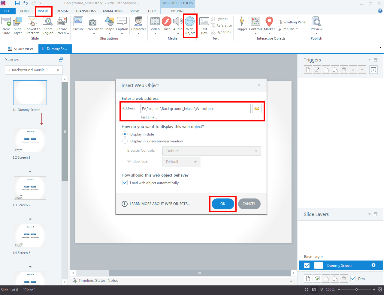 INSERT tab and select web object