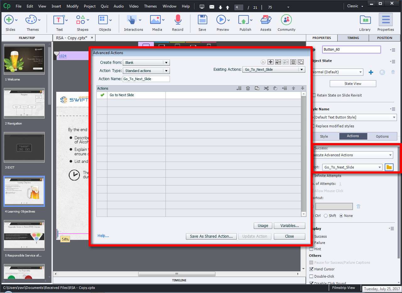 Adobe Captivate 2017_New Shared Advanced Actions turned out to be a huge timesaver