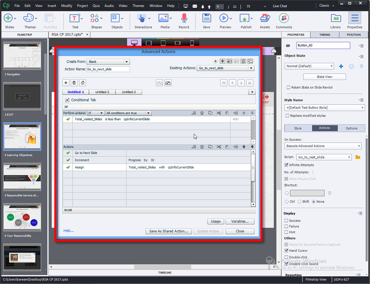 Adobe Captivate 2017_New Shared Advanced Actions turned out to be a huge timesaver