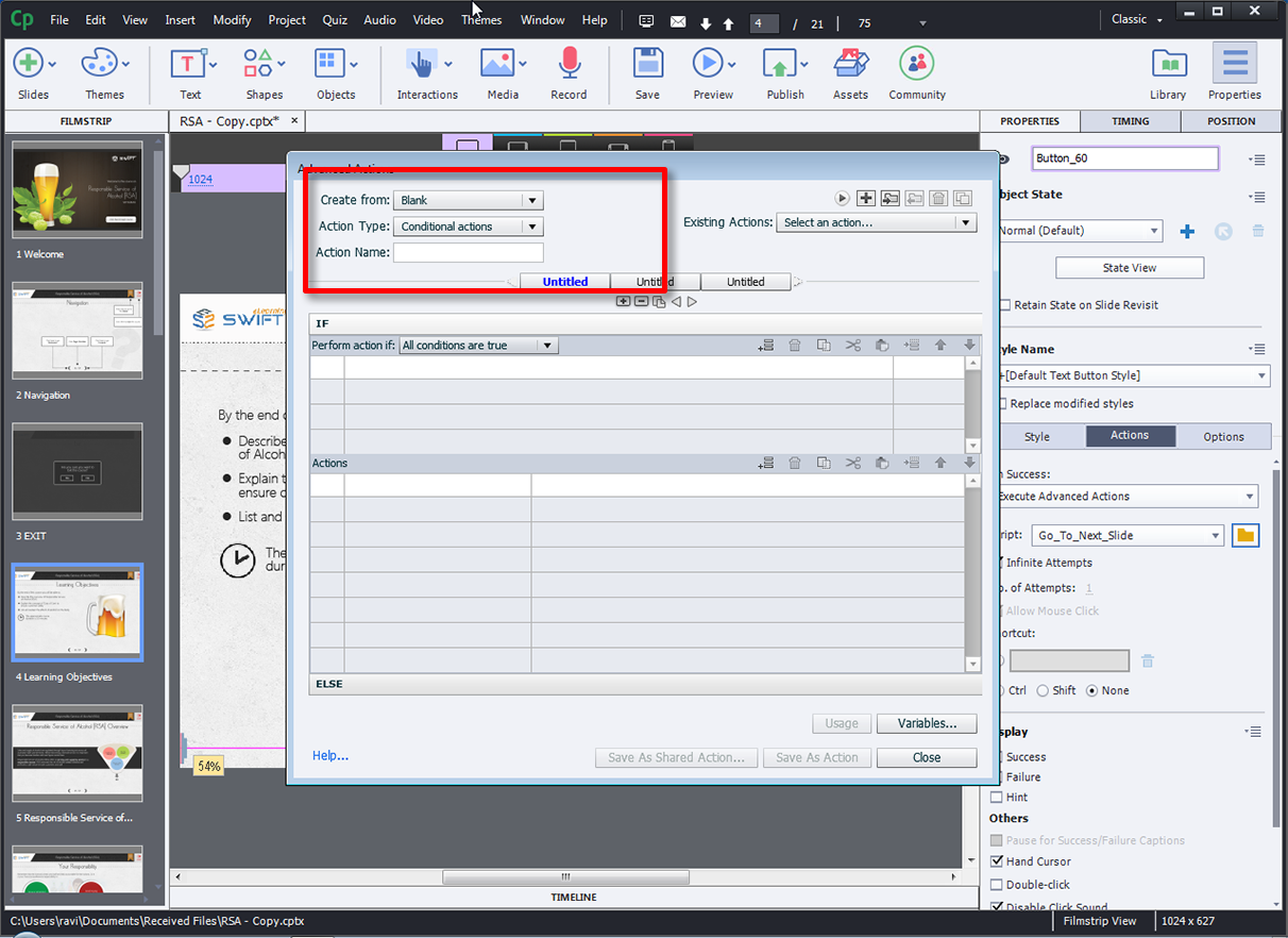 Adobe Captivate 2017_New Shared Advanced Actions turned out to be a huge timesaver