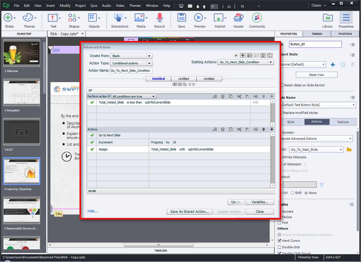 Adobe Captivate 2017_New Shared Advanced Actions turned out to be a huge timesaver