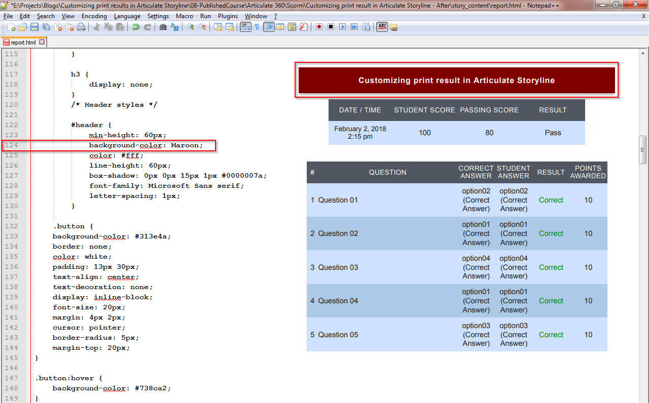 Customizing print result screen in Articulate Storyline