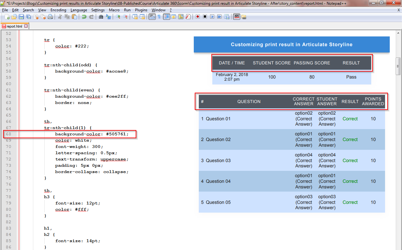 Customizing print result screen in Articulate Storyline