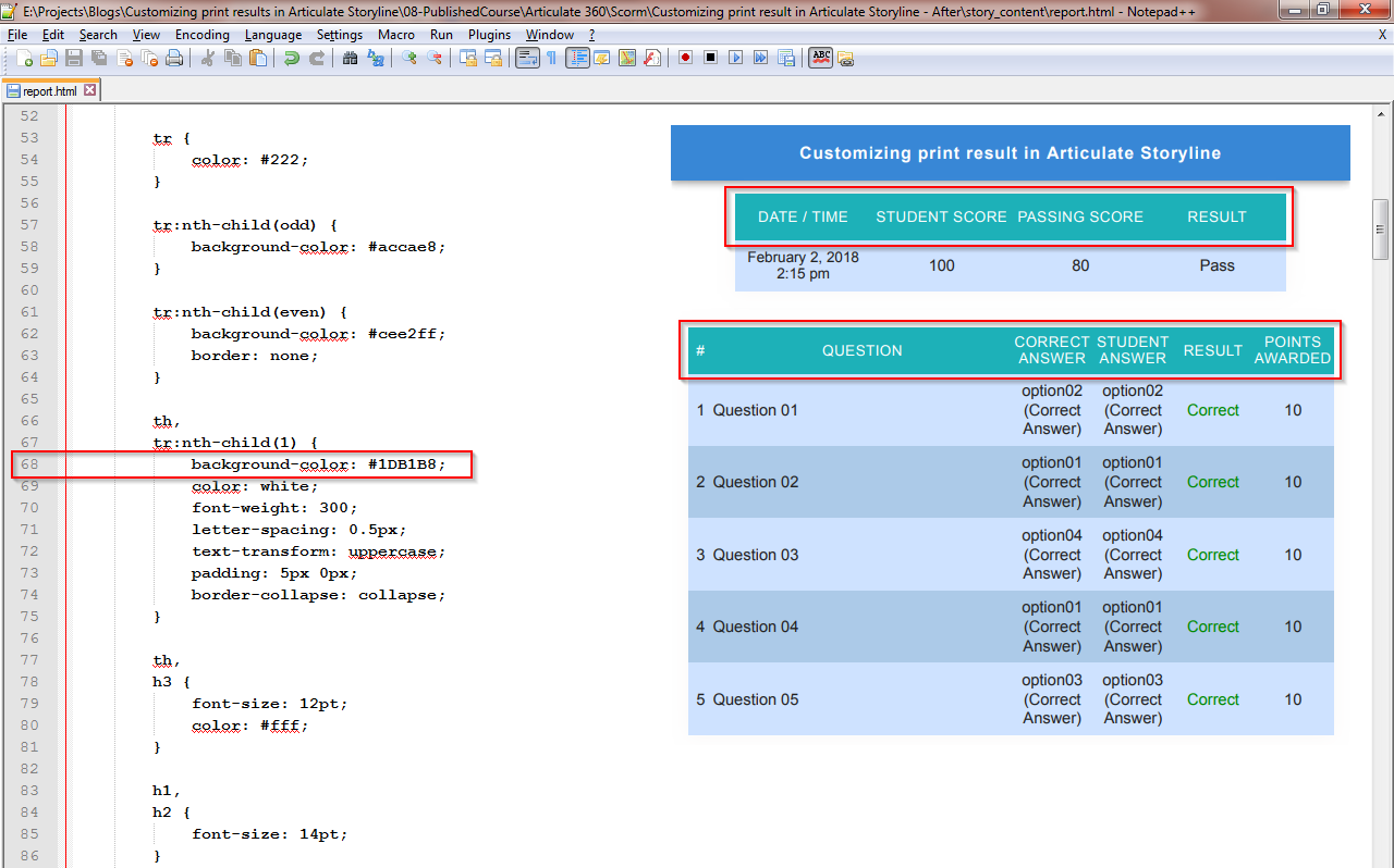 Customizing print result screen in Articulate Storyline