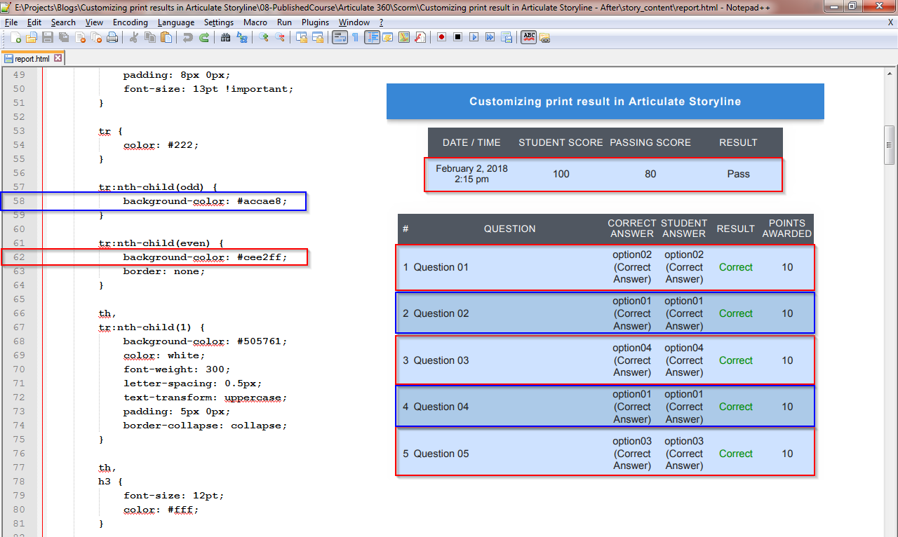 Customizing print result screen in Articulate Storyline