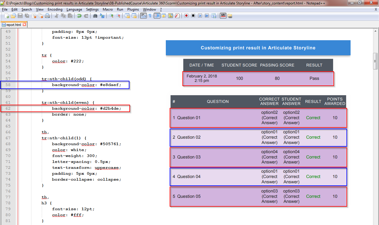 Customizing print result screen in Articulate Storyline