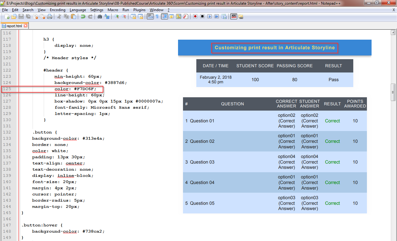 Customizing print result screen in Articulate Storyline