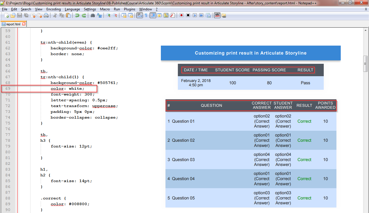 Customizing print result screen in Articulate Storyline