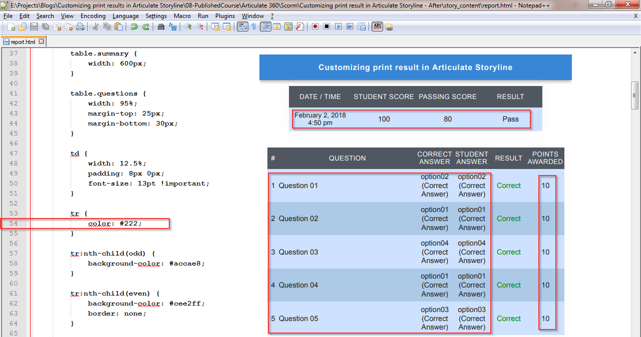 Customizing print result screen in Articulate Storyline