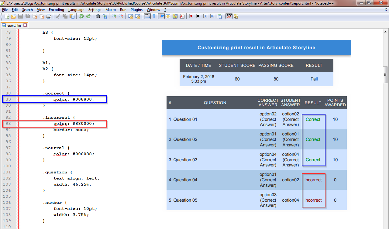 Customizing print result screen in Articulate Storyline