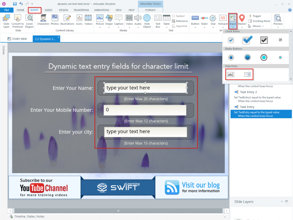 How to set Character limit for a dynamic text entry field in Articulate Storyline