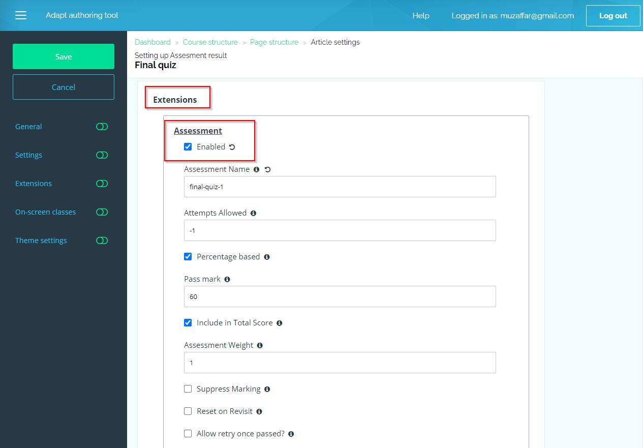 assessment results page in adapt authoring tool 08