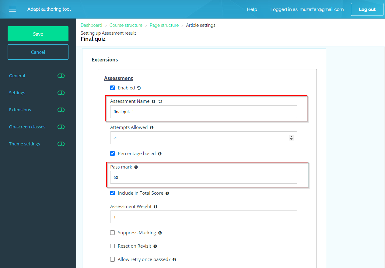 assessment results page in adapt authoring tool 09