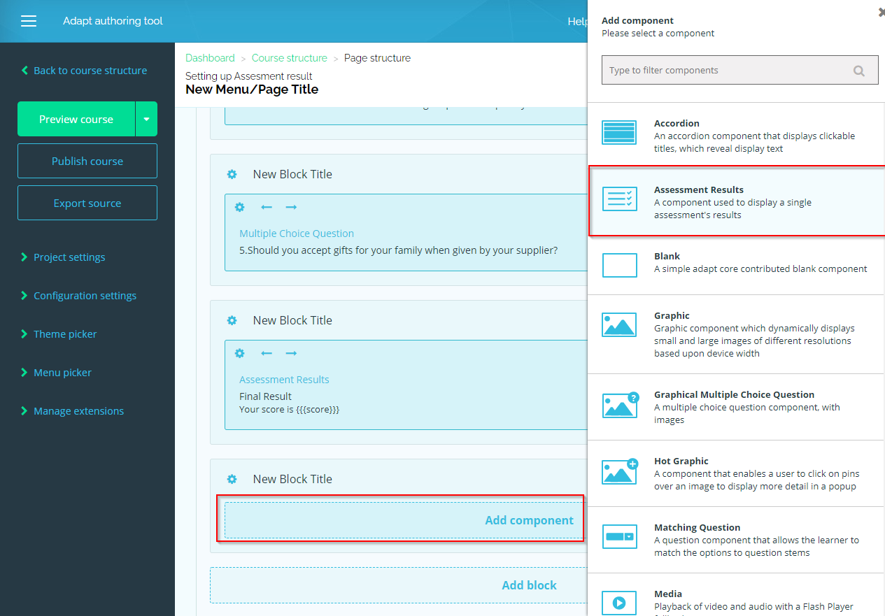 assessment results page in adapt authoring tool 10