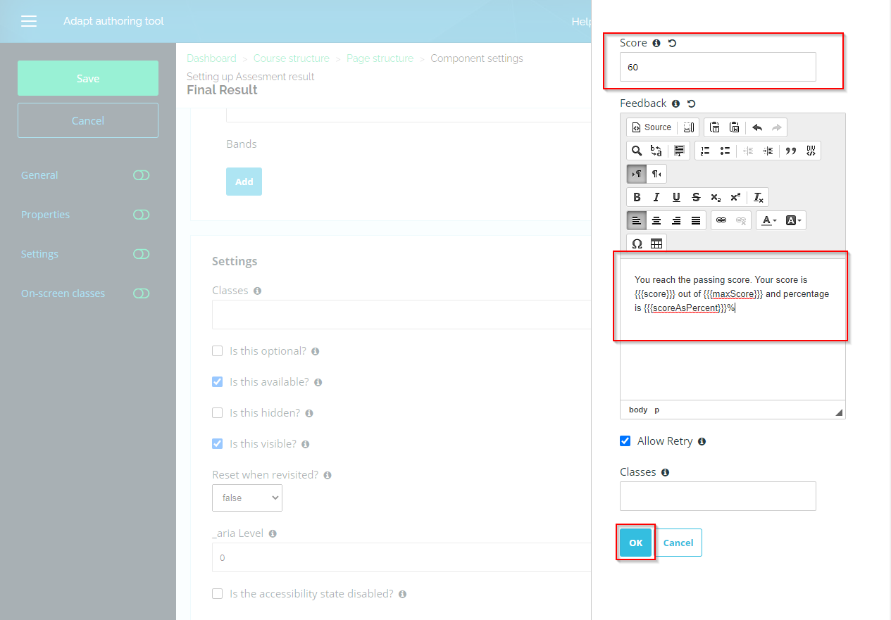 assessment results page in adapt authoring tool 12