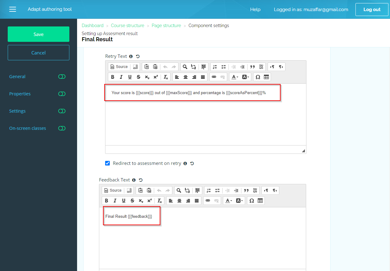 assessment results page in adapt authoring tool 13