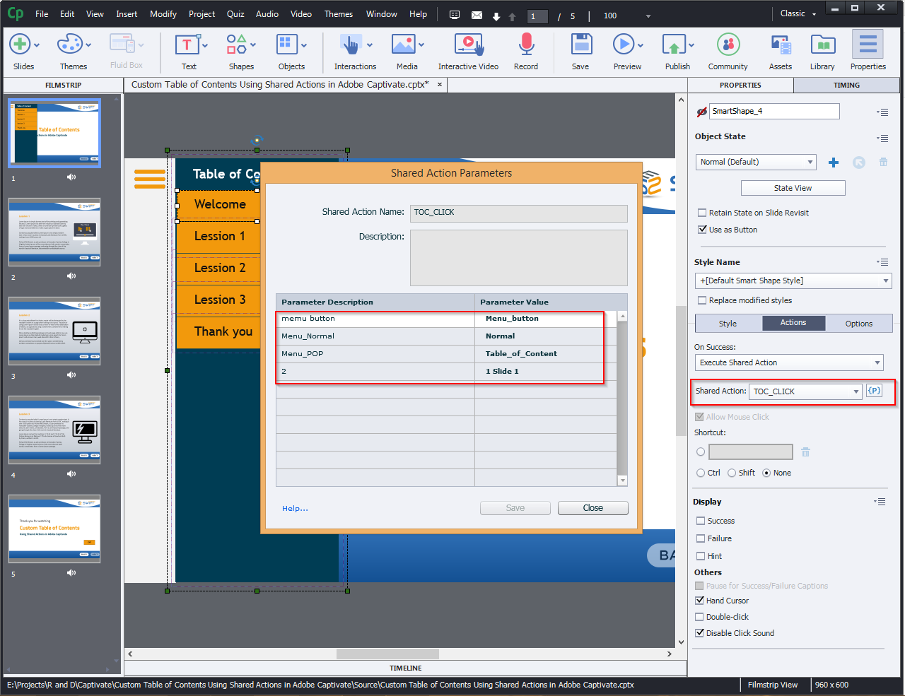 Contents Using Shared Actions in Adobe Captivate 2019 10a