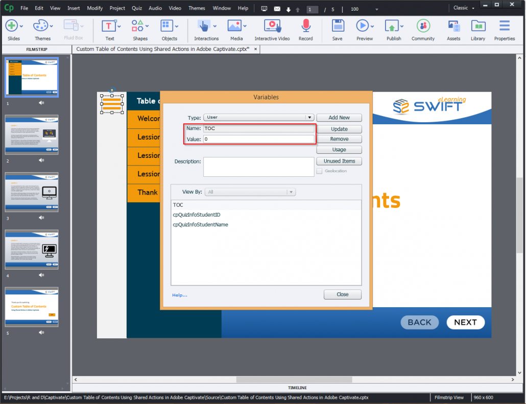 How to customize table of contents in adobe captivate 2019