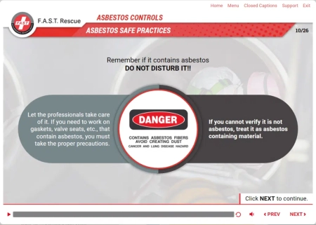 Asbestos-Awareness-Training-1-1030x734png | Swift eLearning Services – Custom eLearning and Digital Training Solutions asbestos safety slide with central danger badge and two side panels advising proper precautions.
