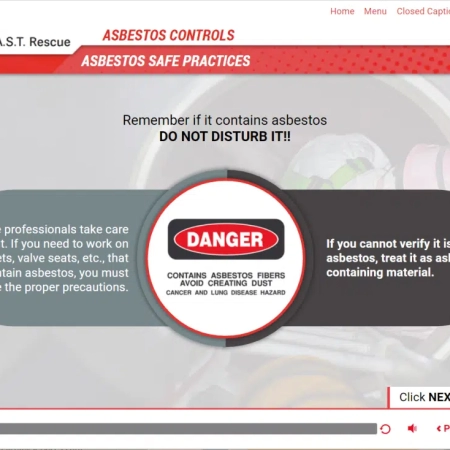 asbestos safety slide with central danger badge and two side panels advising proper precautions.