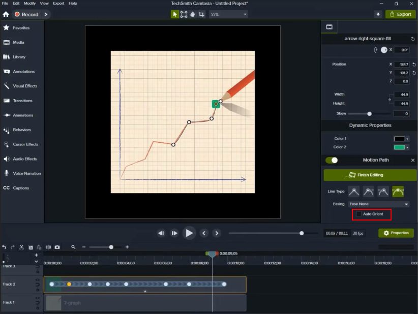 If you want an arrow to dynamically show the direction towards the graph line, check the 'Auto Orient' checkbox in the right-side or hand panel.