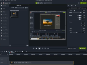 Launch the 'Camtasia' software, record a video using Camtasia, and import it into the media bin.