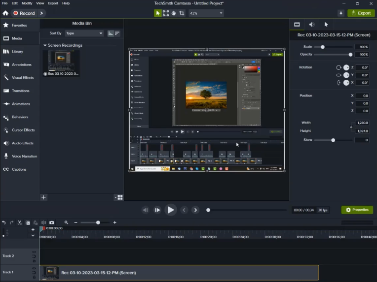 cursor Launch the 'Camtasia' software, record a video using Camtasia, and import it into the media bin