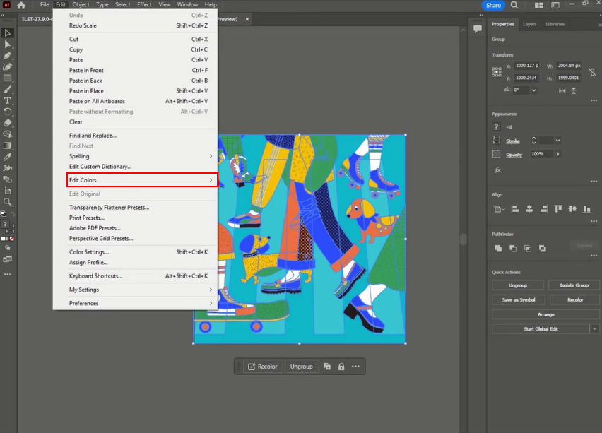 Adobe Illustrator Press the 'Edit' button located on the top ribbon, and then choose the 'Edit Colors' option from the menu.