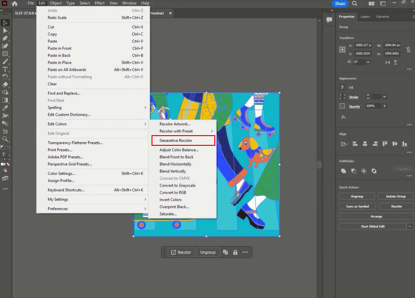 Adobe Illustrator Pick the 'Generative Recolor' option from the available choices.
