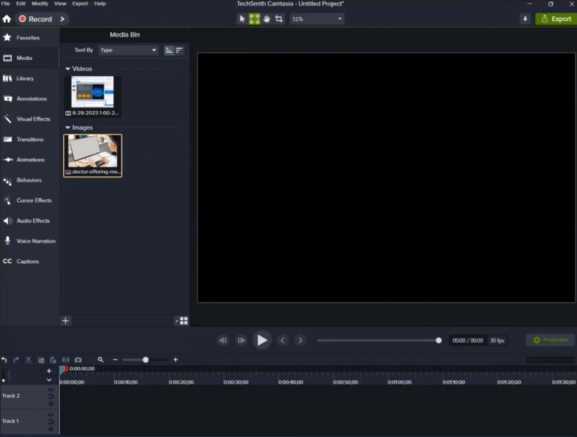 Corner Pinning Open the 'Camtasia' software and import image and video files.