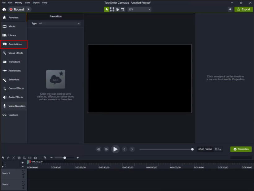 Launch the 'Camtasia' software and select the 'Annotations' tab located on the left-side panel.