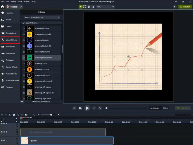 Afterward, go to the 'Visual Effects' tab on the left-hand panel and implement the motion path effect onto the arrow mark icon.