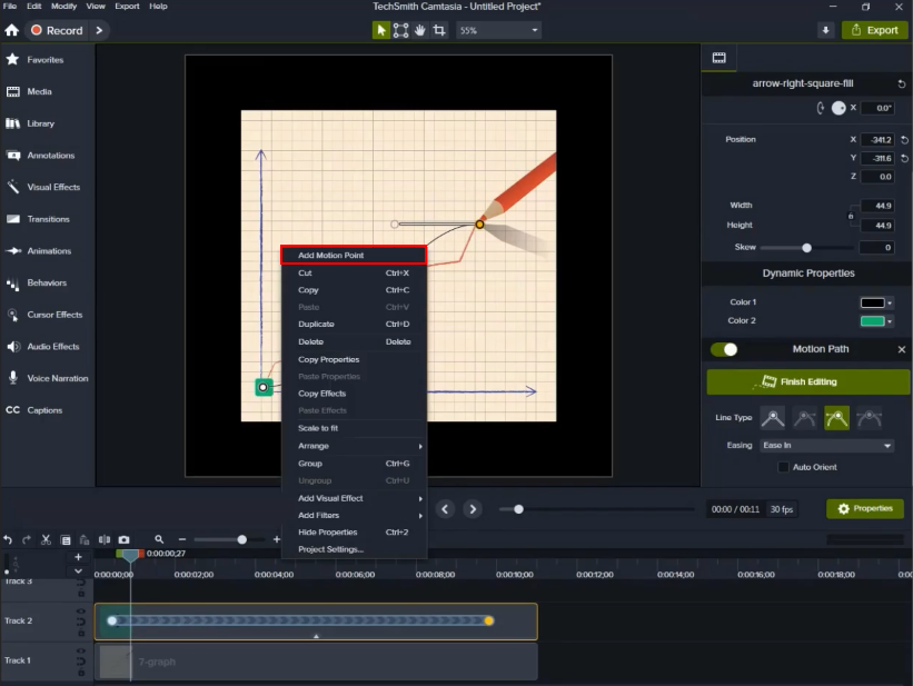 To add additional points, right-click on the motion path, choose 'Add Motion Point', and adjust the points towards the graph line.