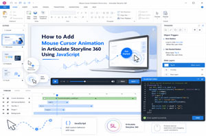 Cursor Animation in Storyline 360 with JavaScript | Swift eLearning Services – Custom eLearning and Digital Training Solutions tutorial slide showing how to add a mouse cursor animation in articulate storyline 360, with a code panel on the right.