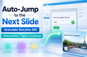 Banner advertising Auto-Jump to the Next Slide for Articulate Storyline 360, with UI panels and glowing trail effects.