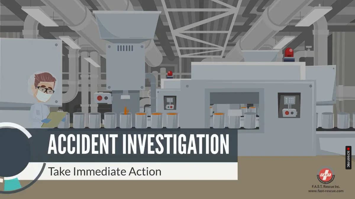 Animated course scene titled Accident Investigation: Take Immediate Action, showing a safety inspector reviewing a factory production line