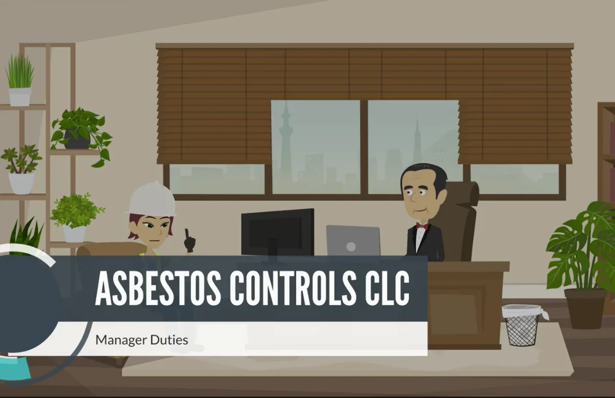Animated course scene titled Asbestos Controls CLC: Manager Duties, showing a safety inspector briefing a manager at an office desk