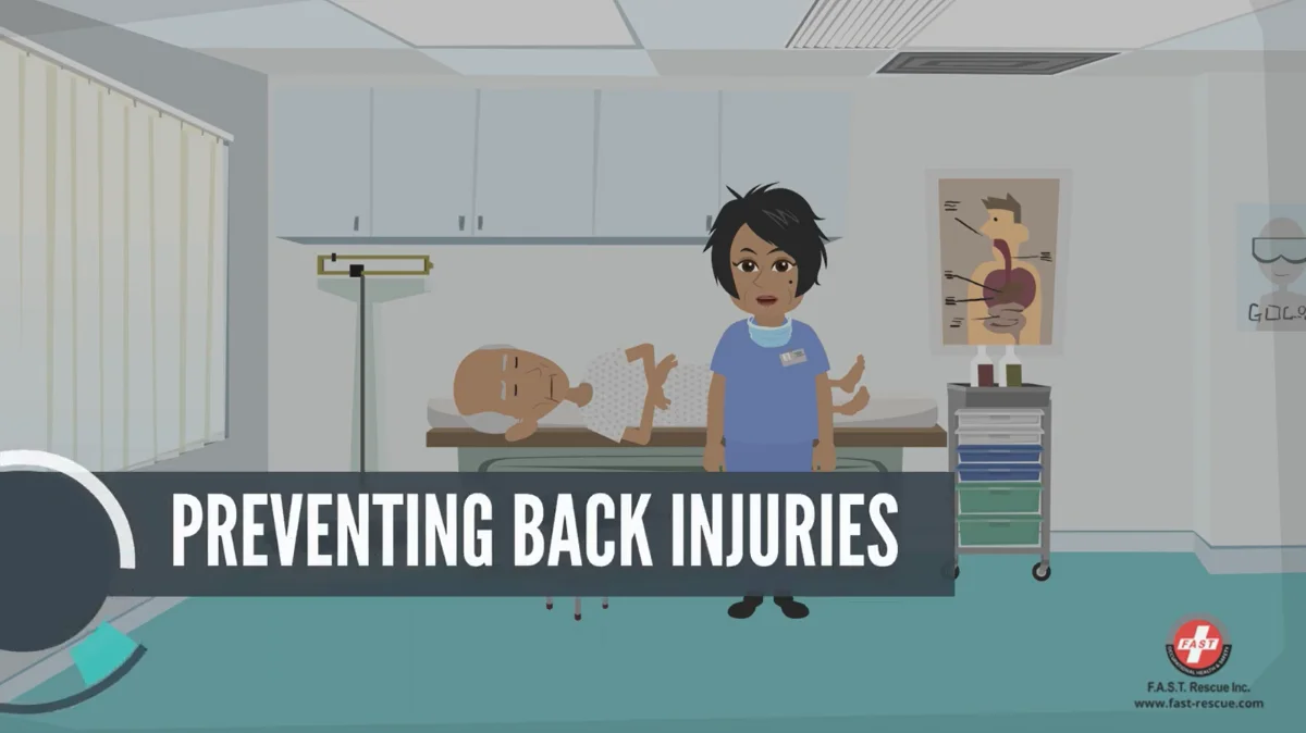 Animated course scene from Back Injury Prevention Training showing a worker demonstrating proper lifting technique
