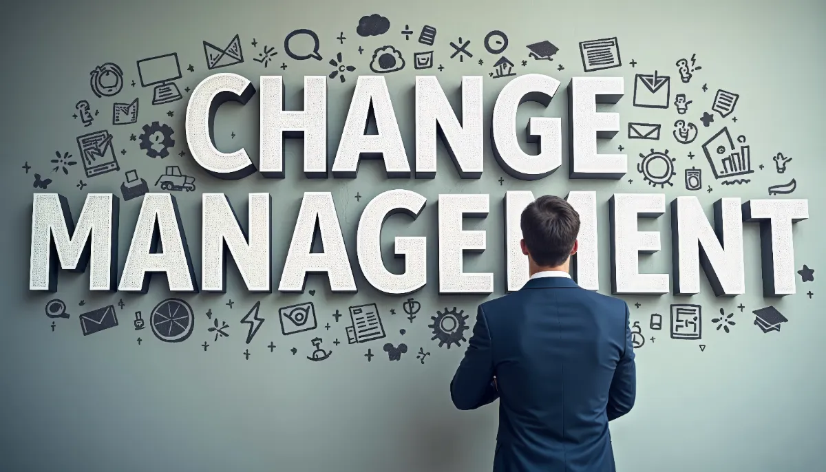 A businessman reviewing a wall of change management icons and concepts
