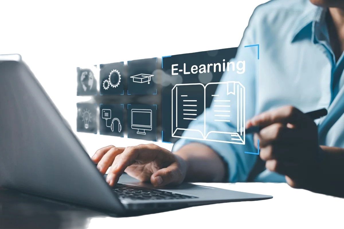 A professional pointing at a laptop screen showing E-Learning course icons and content, illustrating custom eLearning development