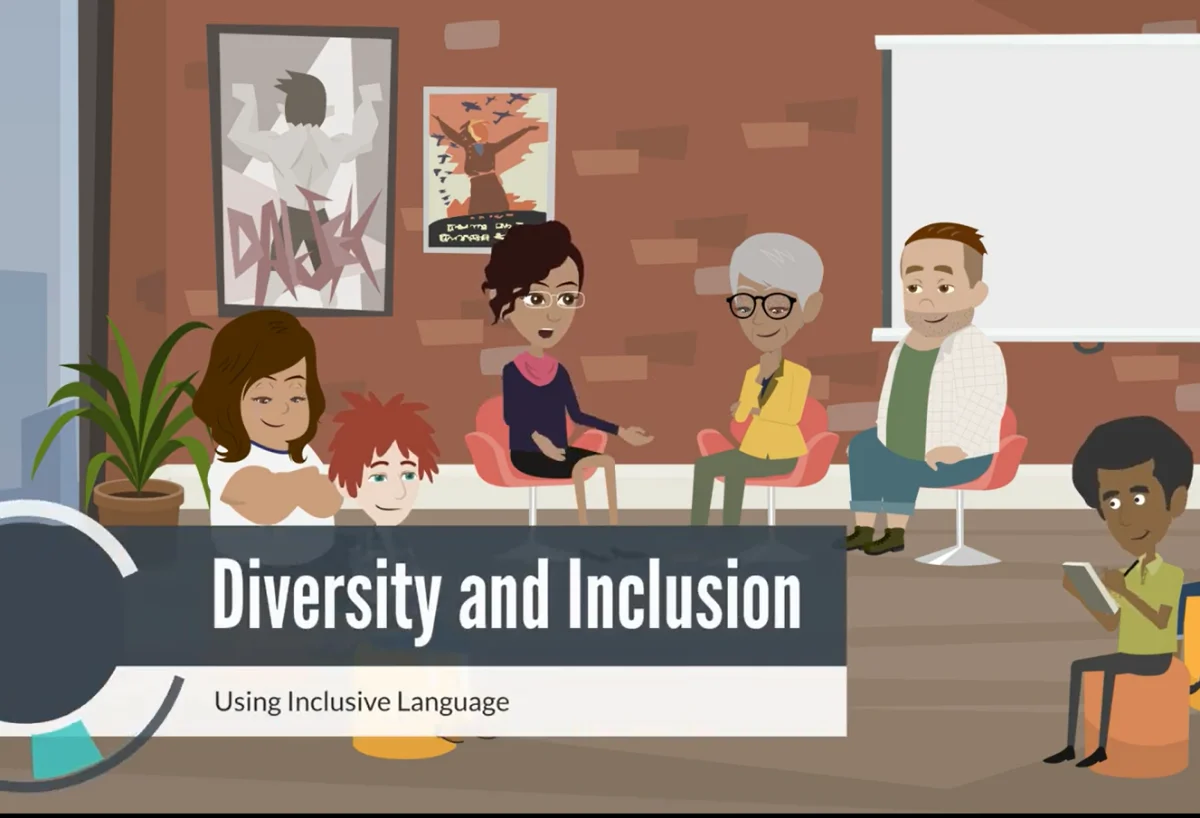 Animated course scene from Diversity and Inclusion Training showing colleagues collaborating respectfully in a workplace setting