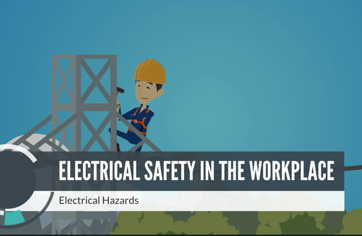 Animated course scene from Electrical Safety Training showing a worker inspecting an electrical panel with proper PPE