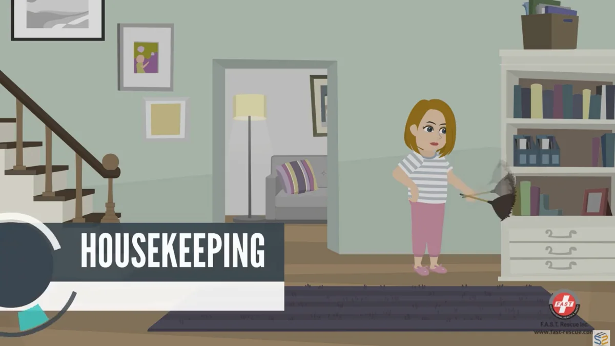 Animated course scene from Housekeeping Training showing a facility worker maintaining a clear, organized aisle