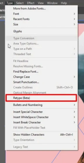 Adobe Illustrator Type menu dropdown open with Retype (Beta) highlighted