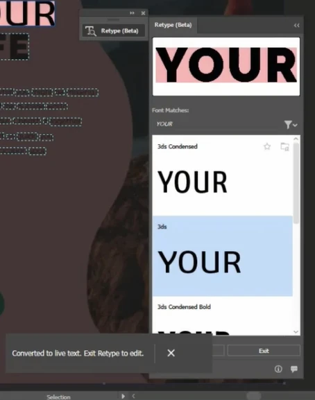 Adobe Illustrator confirmation message reading Converted to live text, Exit Retype to edit