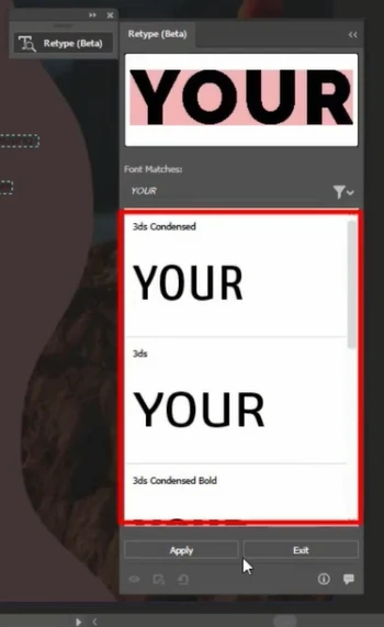 Adobe Illustrator Retype panel showing a list of matching font suggestions for the detected word