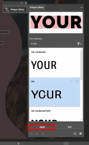 Adobe Illustrator Retype panel with a font match selected and the Apply button highlighted