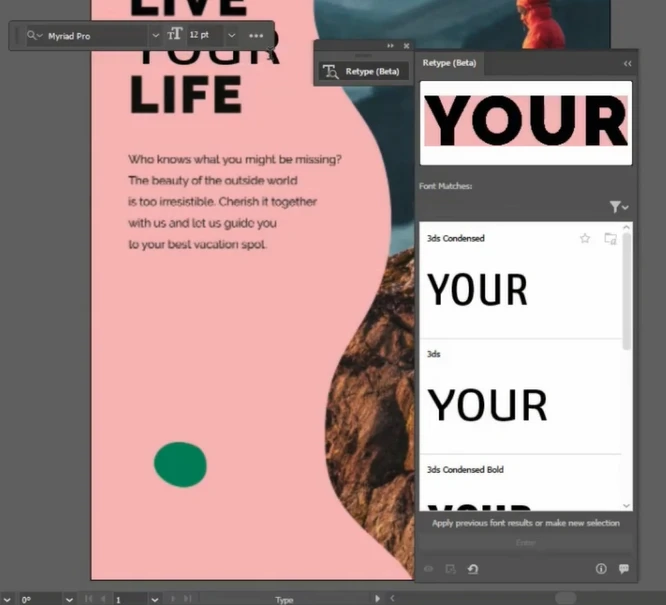 Adobe Illustrator artboard with the newly converted live text actively selected for editing with the Type tool